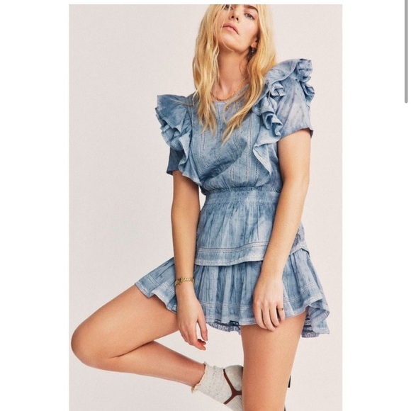 LoveShackFancy Natasha Dress Washed Denim Blue - Picture 1 of 11